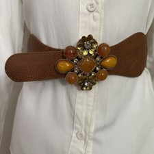 Brown PU leather elastic waistband belt with gold tone buckle