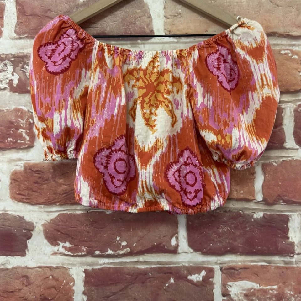 Camisa corta C&C California para mujer S mezcla de lino boho abstracta mangas abullonadas Foto 4 de 4