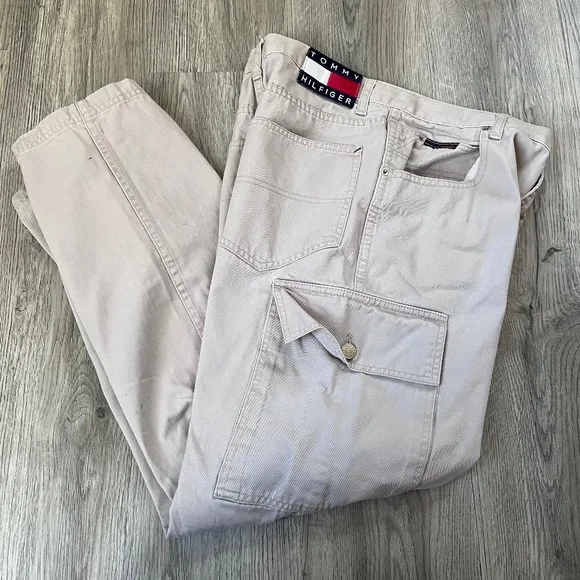Vintage Tommy Jeans Pants Mens 32x32 Cream Baggy Y2K Tommy Hilfiger Cargo Pants
