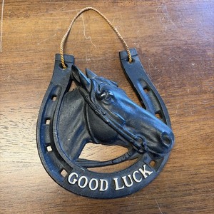 Vintage Horse Head & Horseshoe Good Luck Cast Metal 3D Wall Hanging Plaque