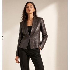 Halston Heritage Leather Blazer Jacket Brown Rib Knit Back Women's 2