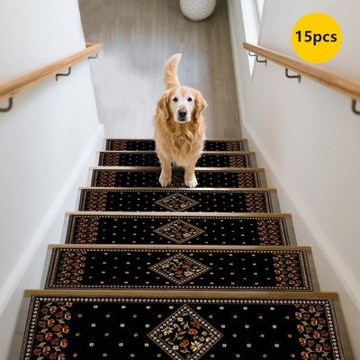 15pcs Black Patterned Stair Mat Rug Set with Rubber Non-Slip Backing, Designed