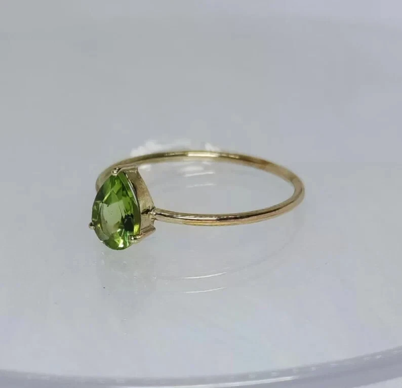 14k Yellow Gold Pear Cut Peridot Gemstone Ring Wedding Engagement Women Ring - Image 4 of 4