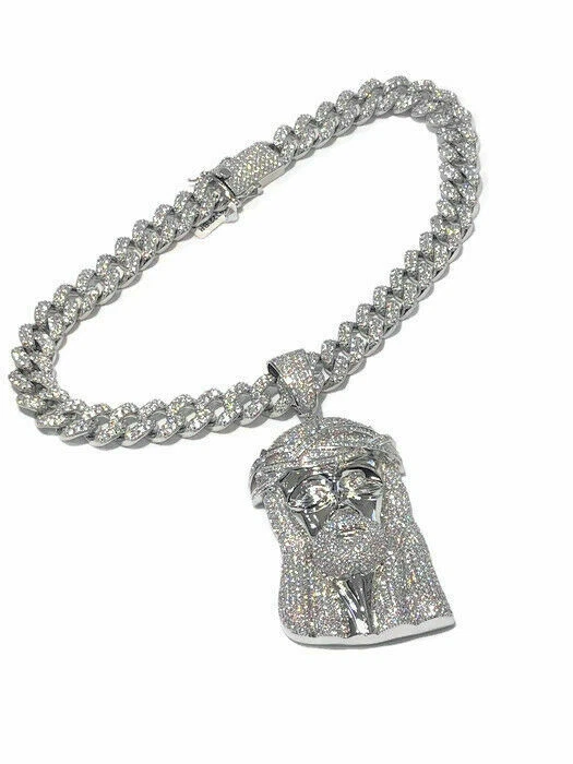 Men's Thick Iced CZ Micro Pave Miami Cuban Chain 18" XL Jesus face Pendant set Foto 3 de 3