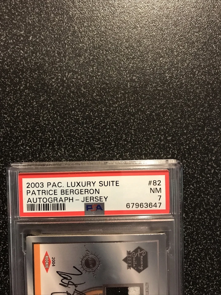 PATRICE BERGERON 2003-04 PAC Luxury Suite RC AUTO 2 CLR JERSEY SN#244/299 PSA 7 - Image 2 of 4