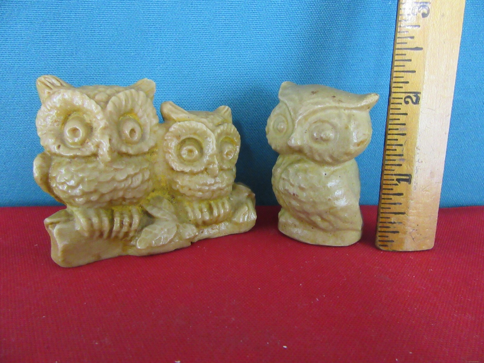 Miniature Small Resin Owls Figurine Two Together & One Separate Made in