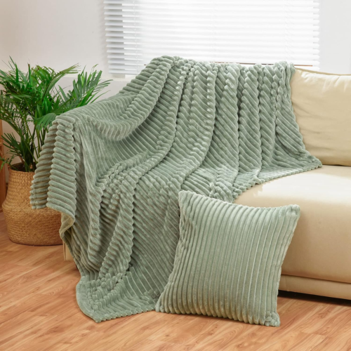 Sage Green Flannel Throw (50X71 Inches) with Throw Pillow Cover(18×18"),300Gsm S - Picture 2 of 12