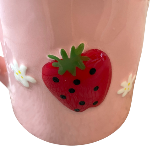 Lang Hand Painted RED STRAWBERRY Pink Ceramic Coffee Tea Mugs Set of 2 New - Picture 4 of 15
