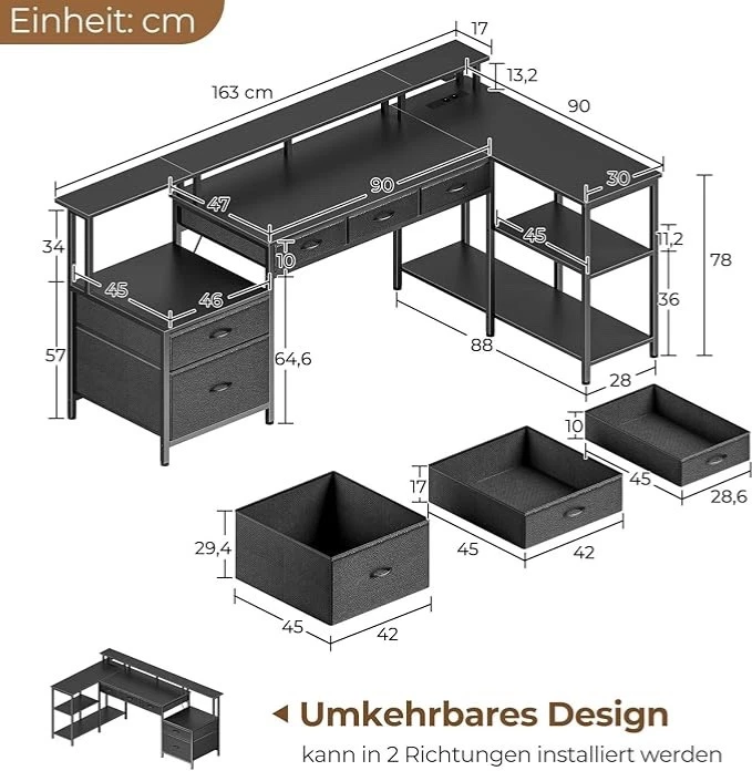 Schreibtisch L Form mit Schubladen reversibler Gaming Tisch mit Steckdose LED - Bild 2 von 4
