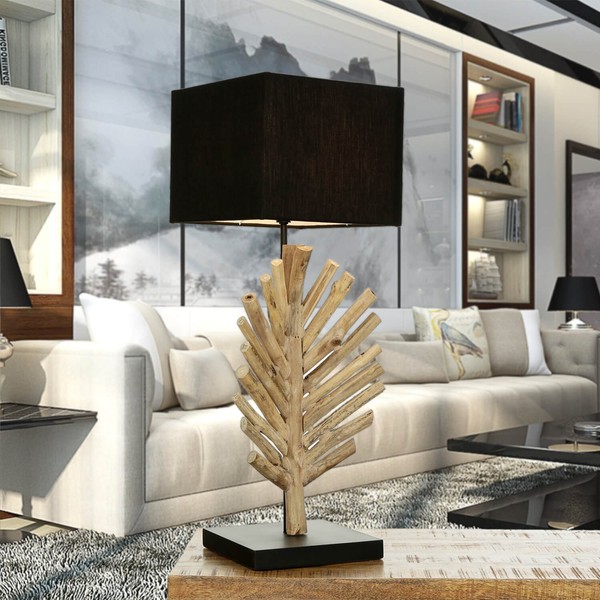 Tischleuchte Tischlampe Treibholz Stoff 69 Cm Nachttisch Wohnzimmer Lampe Sawath-image