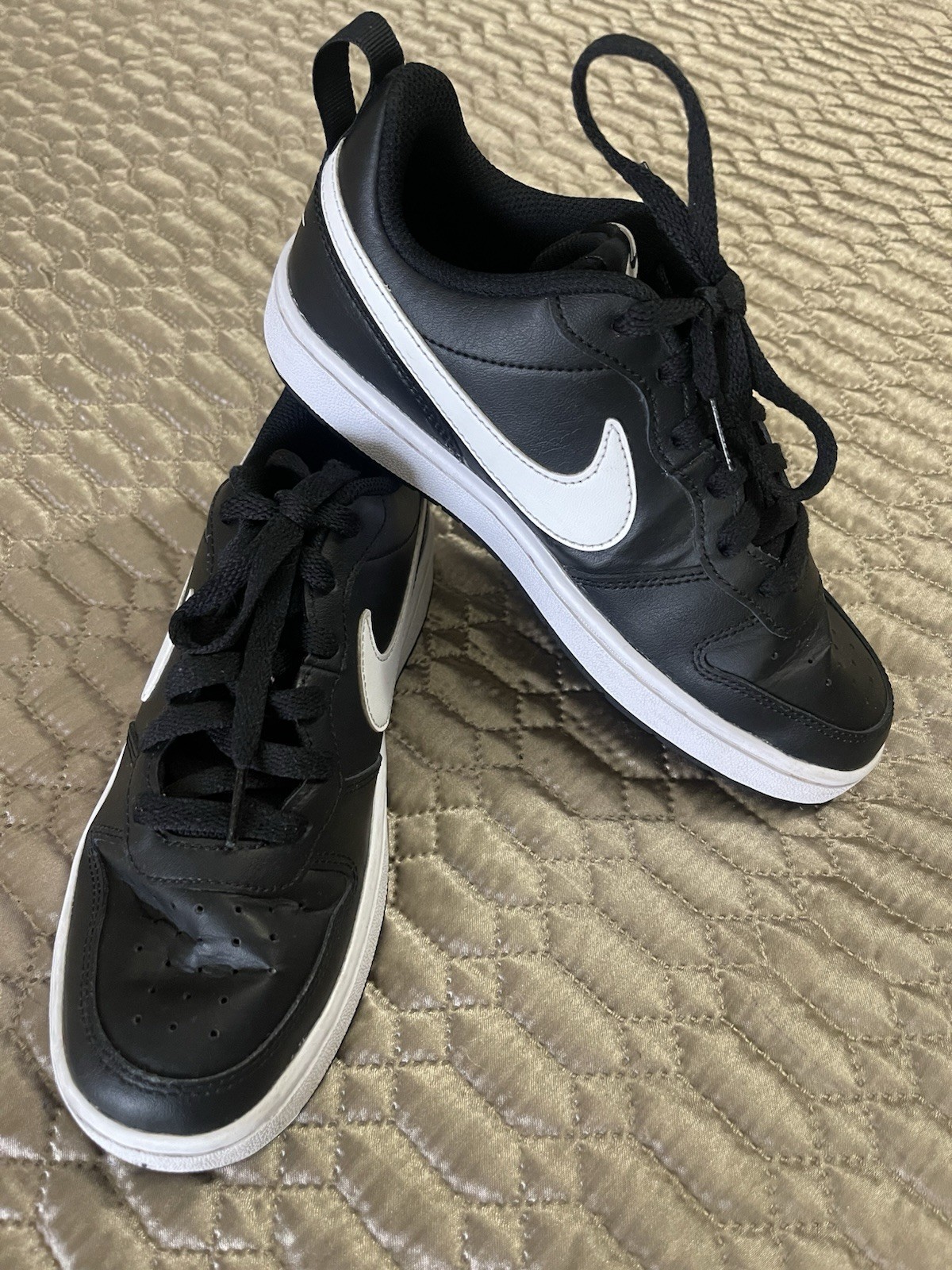Nike Dunk Low Youth size 5 athletic shoes.  black leather/white.  great cond.