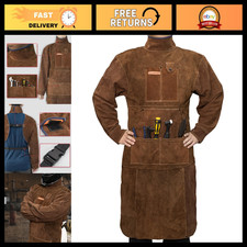 Leather Welding Apron with Sleeve  6 Pockets, Heat Resistant Cowhide, Brown
