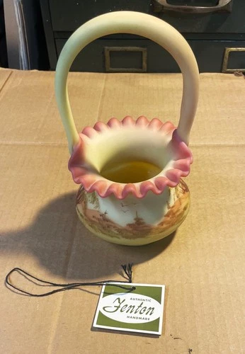 VINTAGE FENTON BURMESE GLASS BASKET HAND PAINTED SIGNED J. BOWERS