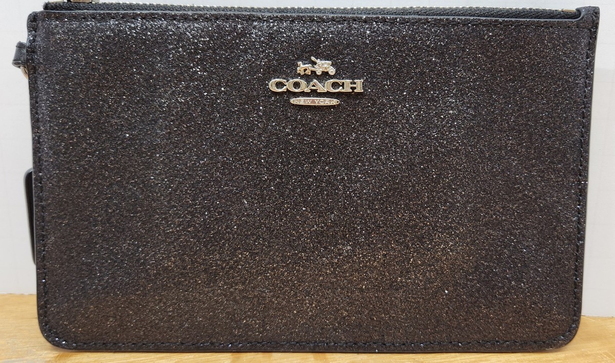 Coach Wristlet Wallet F64585 Glitter Metallic Black Small Zipper