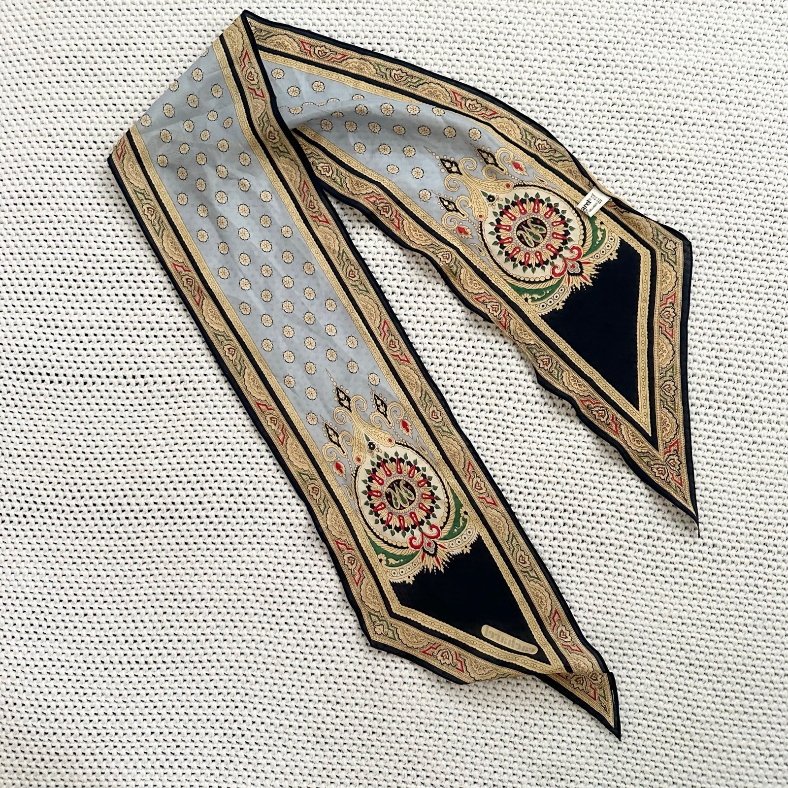 Cacharel Black Gold Silk Blend Regency Luxury Tapestry Print Long Vintage Scarf