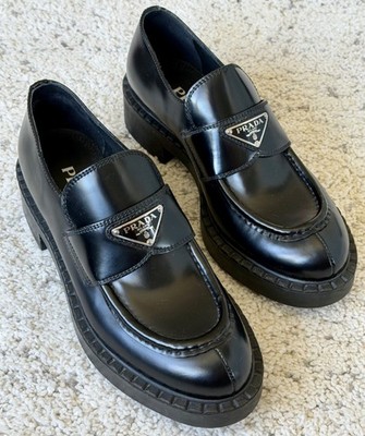 Prada Black ''Brushed'' Leather Triangle Logo  Loafers Size 37.5 Women