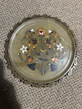 Decorative Indian Marble Plate Featuring Inlaid Floral Design