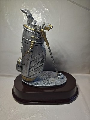 Golfer Gift Silver Gold Golf Bag & Golf Clubs on Wooden Base Trophy Award Decor