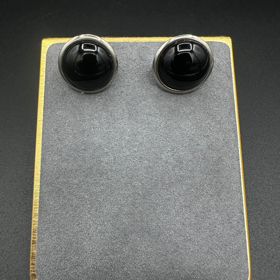 Vintage Round Black Onyx and Silver tone Clip On Stud Earrings Women Y2K 90s 80s - Image 2 of 4