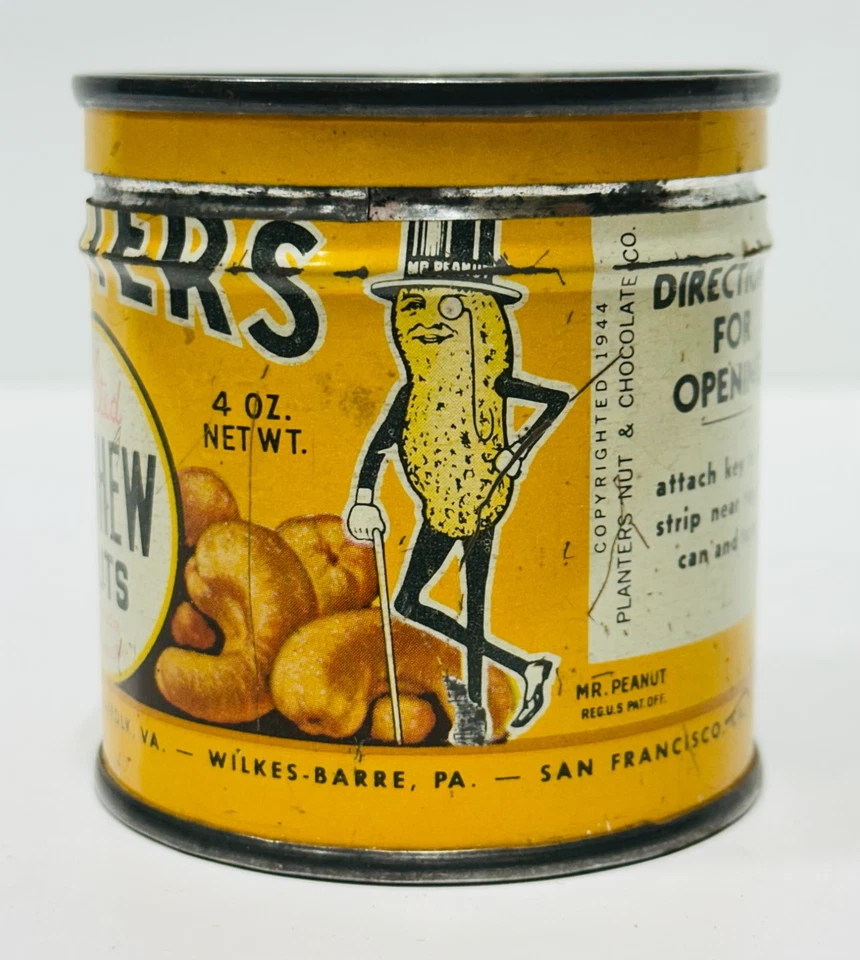 Vtg 1944 Planters Original Mr Peanut Salted Cashew Tin Can empty collectible - Image 2 of 4
