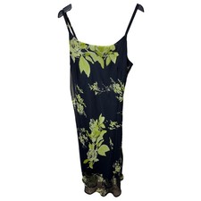 Believe Womens 16 Black Lime Green Floral Chiffon Midi Dress Made in USA