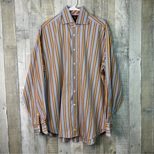 Tailorbyrd Large Tan  Blue Button Front Long Sleeve Striped Dress Shirt