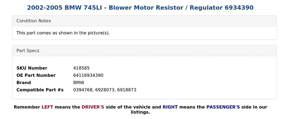 BMW 745LI 2002-2005 - Soplador Motor Resistencia/Regulador 6934390 Foto 3 de 4
