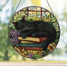 Black Cat Floral Books Stained Glass Suncatcher, Sleeping Cat Window Hanging