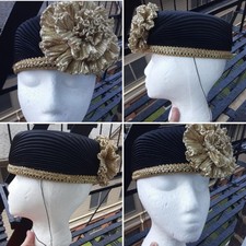 Vintage Custom Made Women Pillbox Hat Pleated Black Fabric w/ Gold Flower  Trim