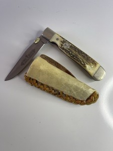 Tree Brand Boker Solingen Germany Folding Hunter Knife Stag Handle w/ Leather Sh