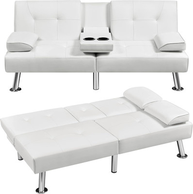 Convertible Sofa Bed Sleeper Faux Leather Recliner Couch w/ Cup Holders White