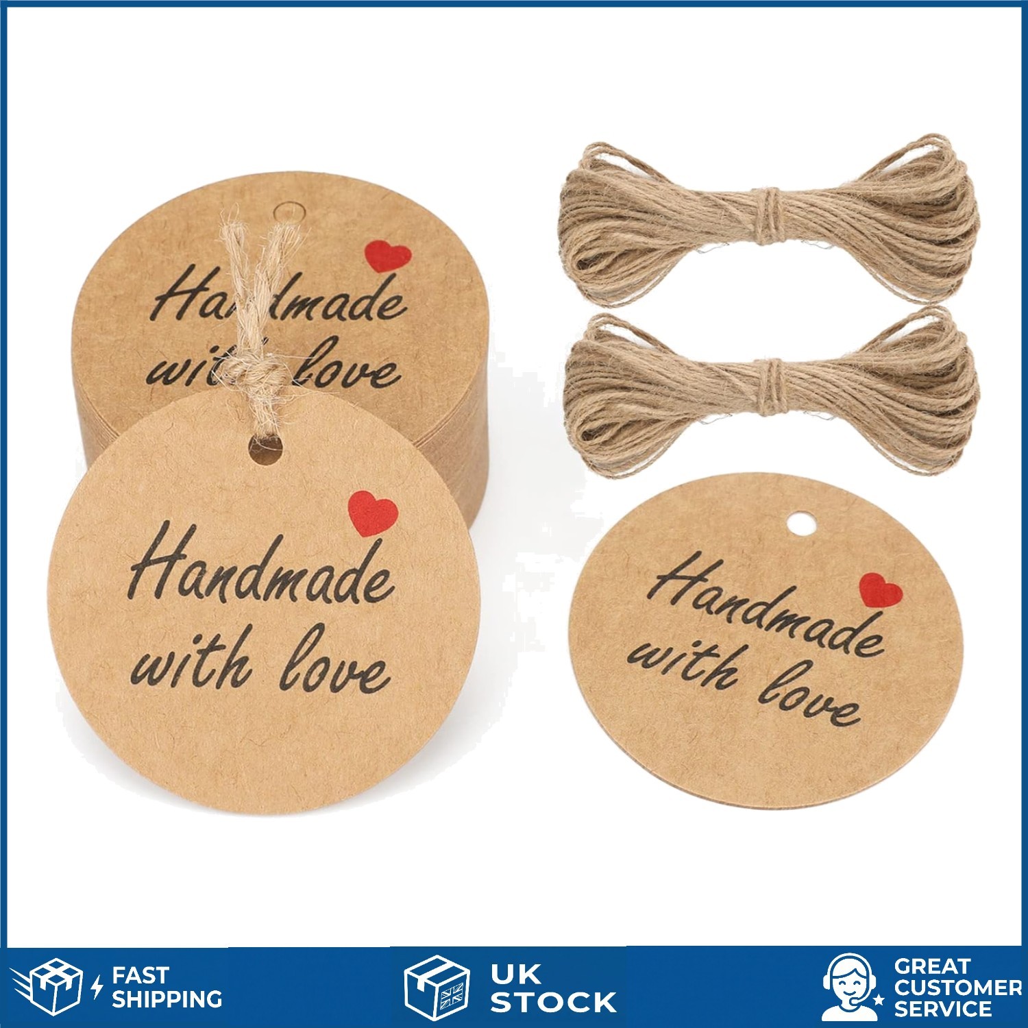 Charming Kraft Paper Handmade With Love Round Gift Tags and Twine 100pc
