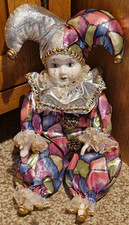 Porcelain Jester Clown Doll Multicolour Harlequin Costume Silver Hat Blue Eyes