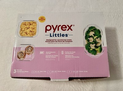 3 Piece PYREX LITTLES Single Serve Glass BAKEWARE Pans 20-28 Oz New In Box