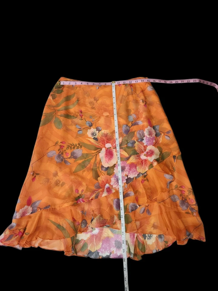 Falda Ligera Neiman Marcus Exclusiva Talla 10 Seda Floral Naranja En Niveles Foto 3 de 4