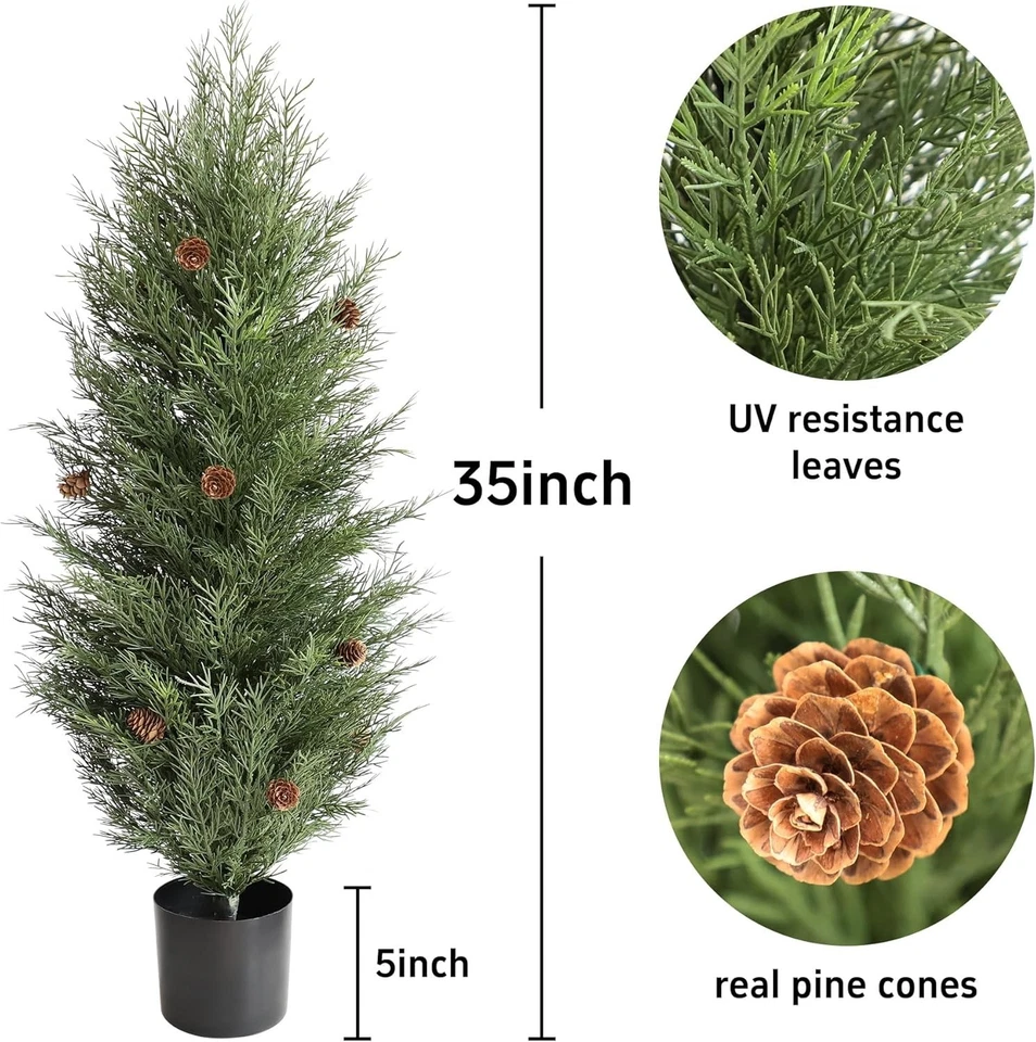 3ft Cedar Topiary Trees with Pine Cones Set of 2 Indoor Outdoor Home Decoration - Image 3 of 4