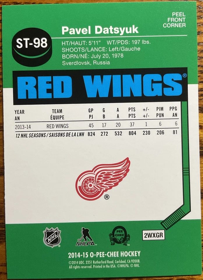 2014-15 O-Pee-Chee Stickers Pavel Datsyuk #ST-98 Detroit Red Wings - Image 2 of 2