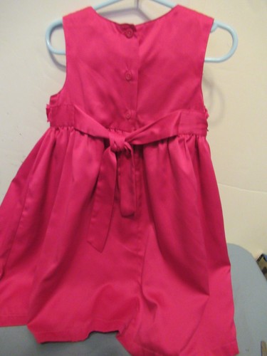 E) Grils Size 3 Carters Dark Pink Dress Button Tie Back Fully Lined Rosetts - Picture 5 of 7