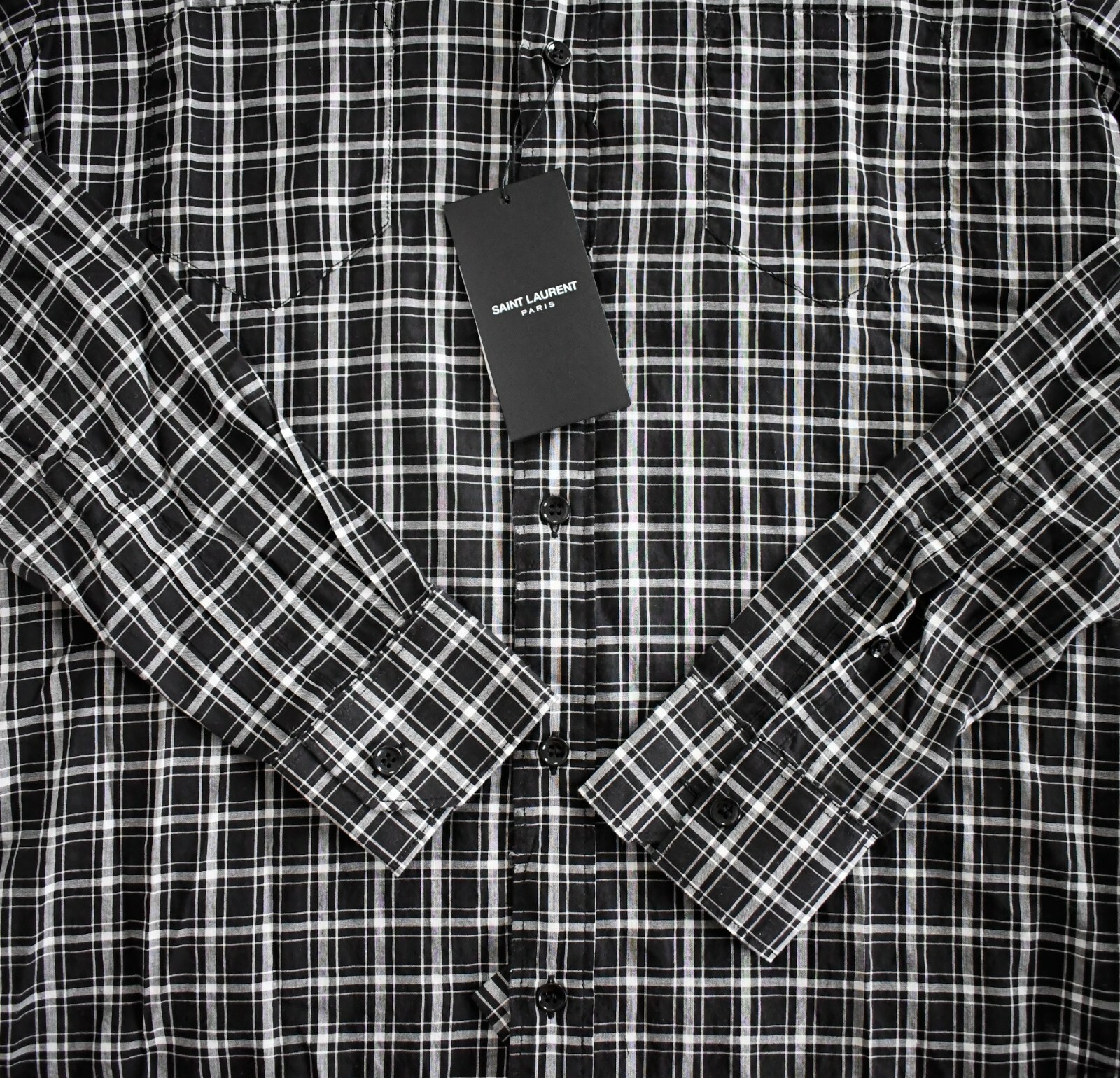 ️ Camicia originale Saint Laurent Paris bianco nero stampa a controllo 100% cotone 37 14 5