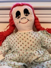 Vintage Handmade Rag Doll Red Hair 1982 Hand Stitched Face Flowered Dress