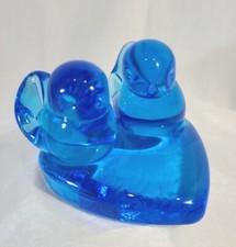 Vintage Blue Birds of Happiness Art glass Signed Leo Ward 1994 Heart Shaped Base