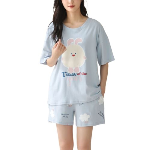 Women Cute Pajama Set Short Sleeve Crew Neck Shorts Summer Cartoon 2 Piece Pjs - Picture 16 of 92