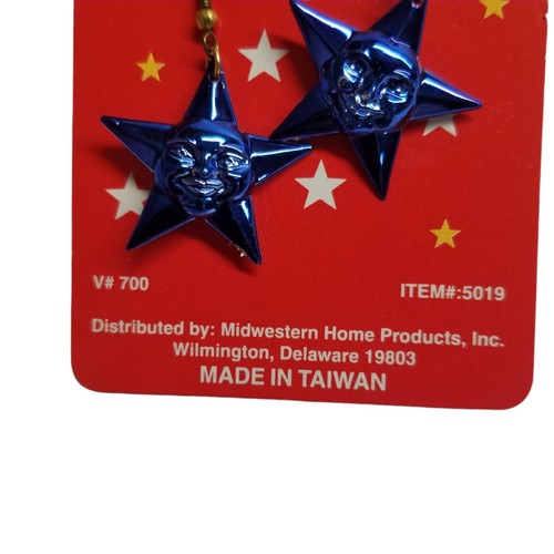 Blue Star Dangle Earrings Face Celestial Space Plastic Lightweight Metallic - Picture 3 of 9