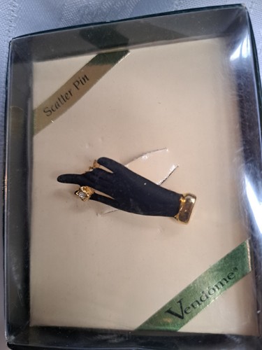 Vintage Vendome Matte Black Hand holding Rhinestone Scatter Pin New In Box - Picture 3 of 3