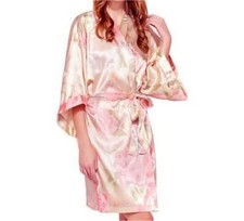 Satin Floral Pink Japanese Kimono Pajamas Sleepwear Bathrobe Large