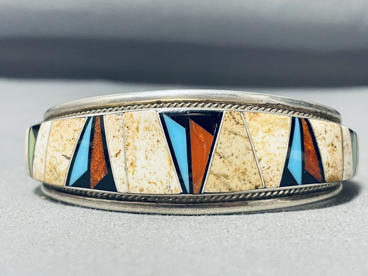DOUGLAS SIGNED VINTAGE NAVAJO TURQUOISE INLAY STERLING SILVER