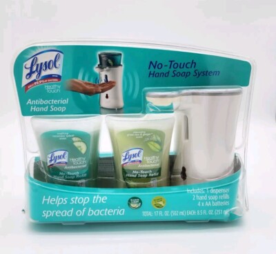 Lysol No Touch Hand Soap System DISPENSER 2 Soaps NEW Cucumber Green Tea Set 