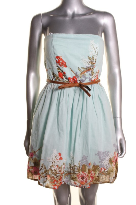City Studio Junior Girl's Corset Dress Mint Blue Floral Belted Strapless 3 NWT