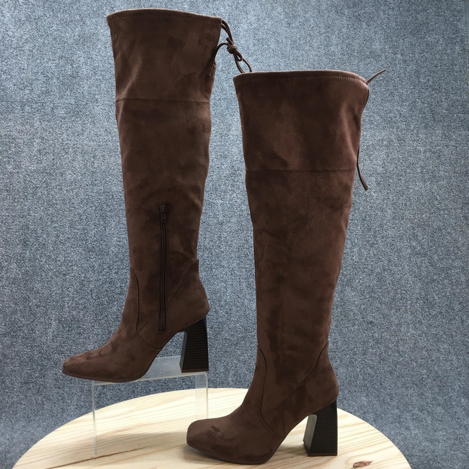 Forever 21 Botas Mujer 8 Altas Hasta la Rodilla Marrón Gamuza Tacones Cremallera Puntera Cuadrada Foto 2 de 4