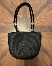 Vintage 1990s Jute Black Rope Handles Purse Waves By Tandem Bags Zip Pocket
